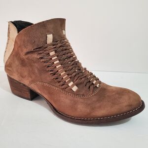Rebels Cori tan cream suede leather woven braided wood heel western booties 8